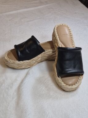 Dolce Vita Black Leather Slide Sandals with Natural Woven Platform